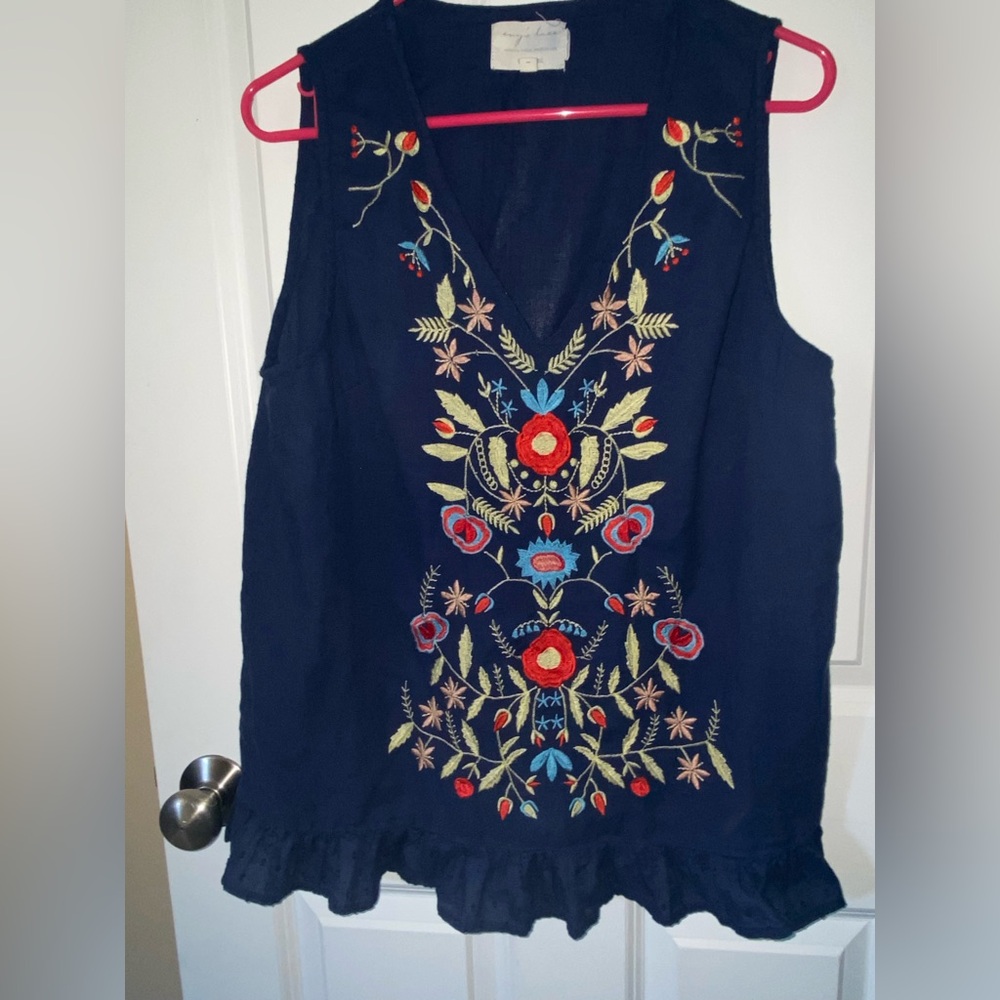 Envy’s Tree Embroidered Navy Sleeveless Top